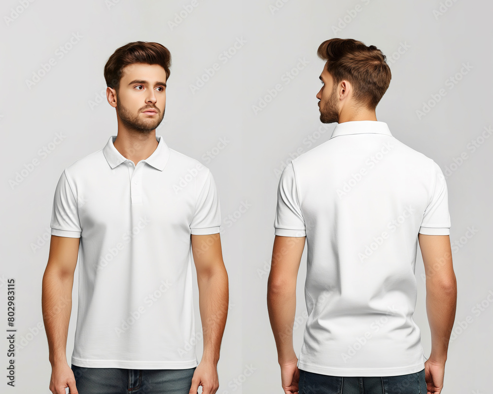 Front and back views of a man wearing a white polo shirt mockup template
