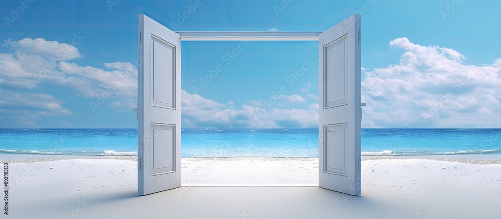 A door opening onto a serene beach seen in a digital composite with copy space image