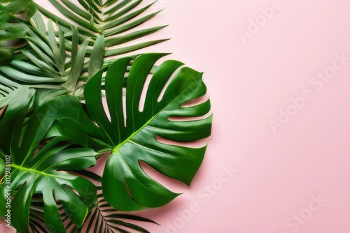 Assorted Lush Green Tropical Plant Leaves Against a Vibrant Pink Background