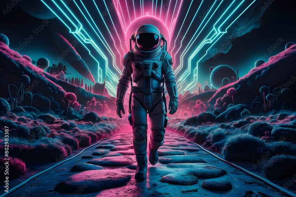 Astronaut Explores Alien Planet Under Neon Sky