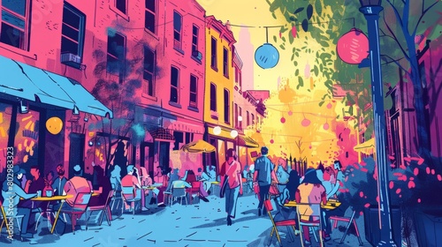 An illustration of a colorful city street with people walking around and sitting at outdoor cafes.