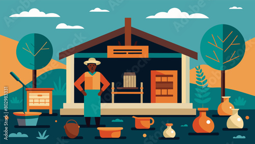A digital illustration of a modern museum exhibit featuring a reconstructed slave cabin complete with artifacts and interactive displays. The caption. Vector illustration
