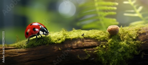 A detailed view of a ladybug perched on a log with ample space for copy in the image