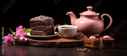 A delightful assortment of an exquisite chocolate petit four paired with a delicate cup of tea and a charming kettle all captured in a beautiful copy space image