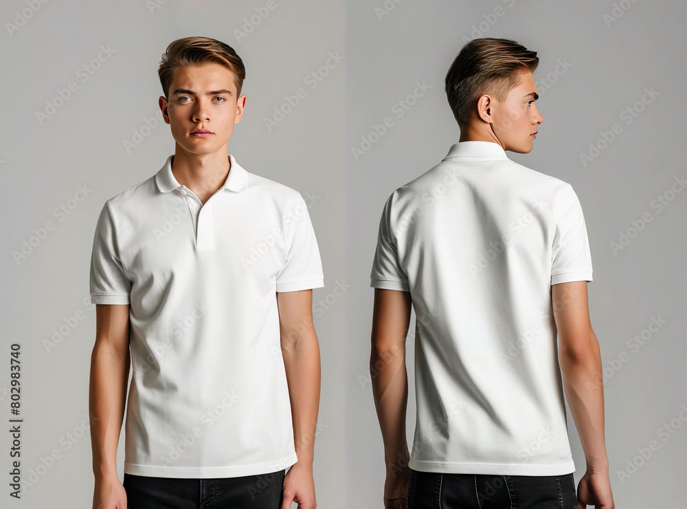 Front and back views of a man wearing a white polo shirt mockup template Front and back views of a man wearing a white polo shirt mockup template