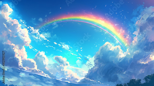 Anime-style illustration of a beautiful rainbow in the blue sky
