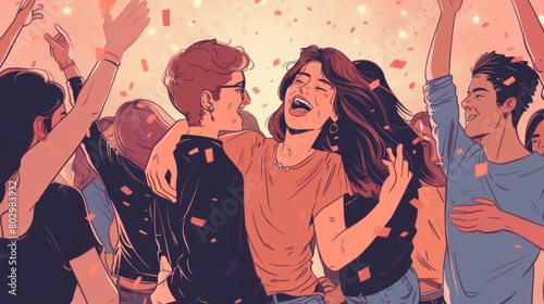 An illustration of a group of people at a party having fun and celebrating photo