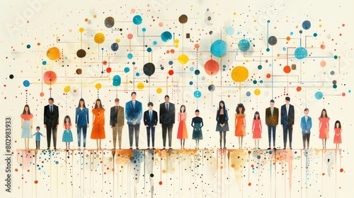 A watercolor painting of a group of people of all ages standing in a row with colorful circles and lines representing their interconnectedness.