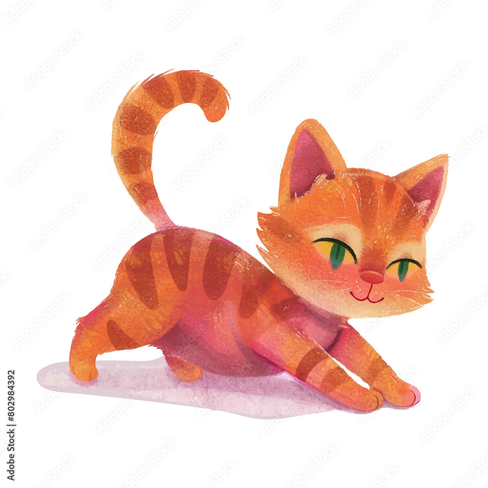 Fototapeta premium Cute cat stretching watercolor illustration