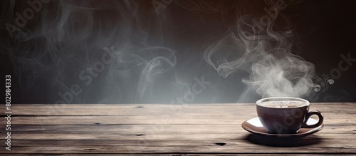 A copy space image of steaming coffee on a rustic wooden table in a cozy coffee shop