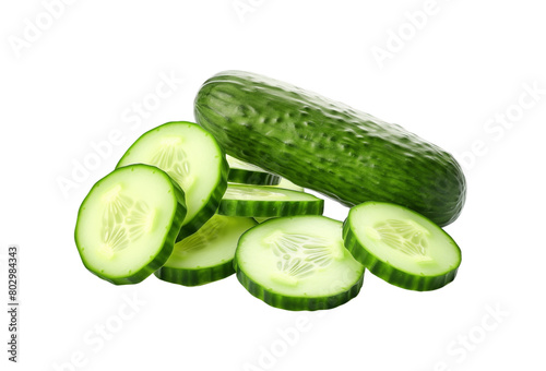 Fresh green cucumber with slices fanned out, isolated on a transparent background, capturing the essence of healthy eating. Generative AI
