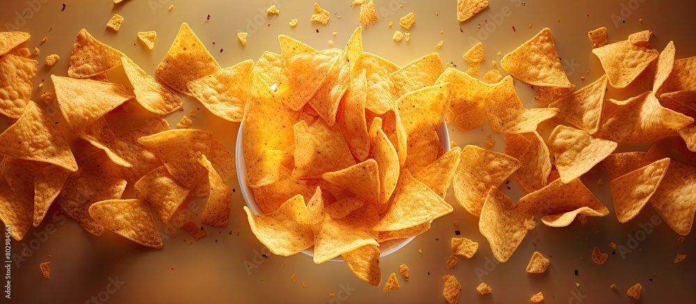 A copy space image showing a bird s eye view of nacho chips being dipped A copy space image showing a bird s eye view of nacho chips being dipped