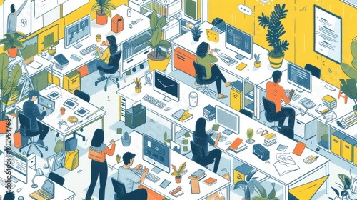 isometric illustration of a busy office environment with people working at their desks © Rattanathip