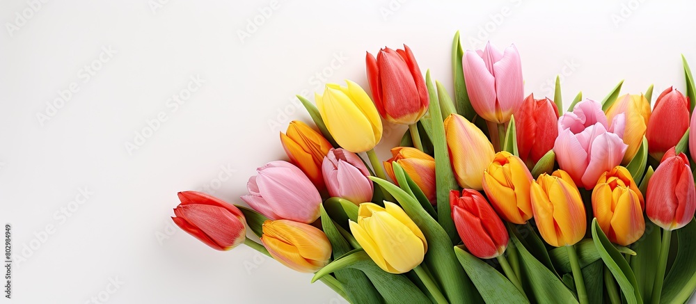 A beautiful bouquet of tulips on a white background with plenty of copy space for your design needs A beautiful bouquet of tulips on a white background with plenty of copy space for your design needs