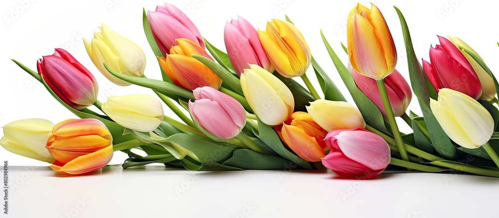 A beautiful bouquet of tulips on a white background with plenty of copy space for your design needs A beautiful bouquet of tulips on a white background with plenty of copy space for your design needs