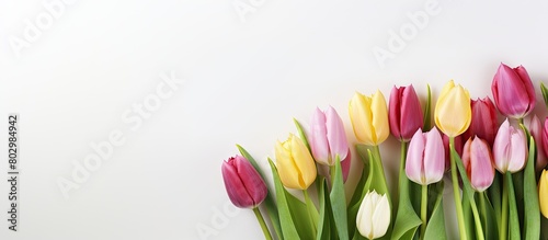 A beautiful bouquet of tulips on a white background with plenty of copy space for your design needs