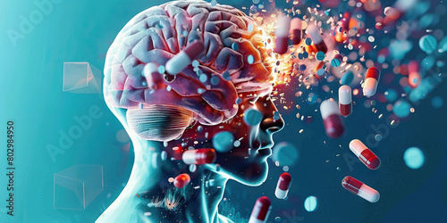 Prescription Drug-Induced Neurological Disorders: The Brain Damage and Cognitive Impairment - Imagine a person with a highlighted brain affected by prescription drugs, experiencing brain damage photo