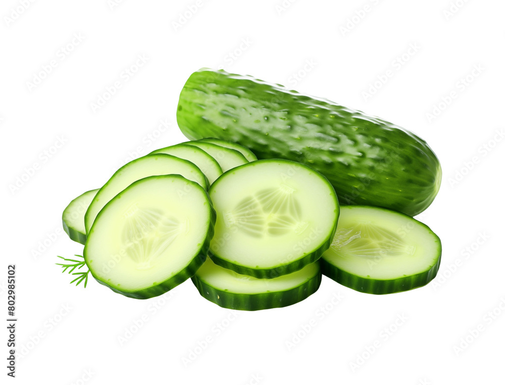 Fresh green cucumber with slices fanned out, isolated on a transparent background, capturing the essence of healthy eating. Generative AI Fresh green cucumber with slices fanned out, isolated on a transparent background, capturing the essence of healthy eating. Generative AI