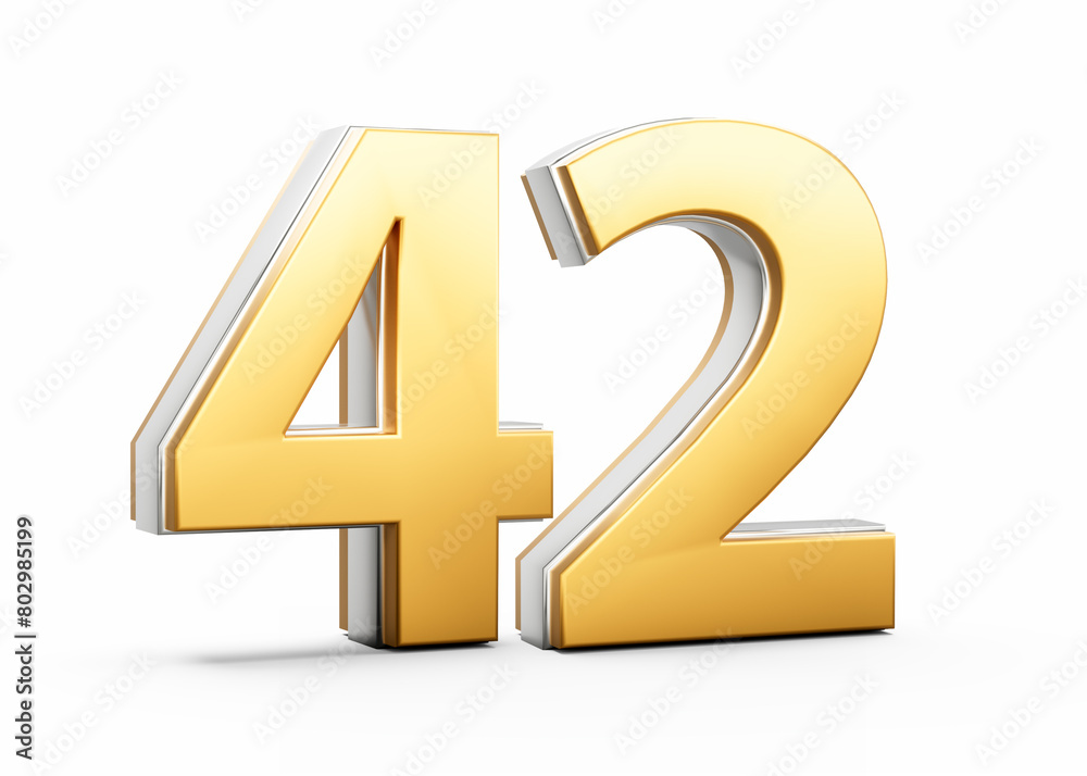 Obraz premium 3D Golden Shiny Number 42 Forty Two With Silver Outline On White Background 3D Illustration