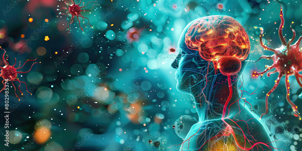 Neurological Complications of Diabetes: The Nerve Damage and Cognitive Decline - Visualize a person with a highlighted brain and nerves affected by diabetes, experiencing nerve damage and cognitive de Neurological Complications of Diabetes: The Nerve Damage and Cognitive Decline - Visualize a person with a highlighted brain and nerves affected by diabetes, experiencing nerve damage and cognitive de