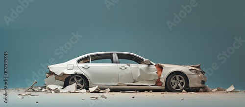 A damaged white car with a dented and opening wound. with copy space image. Place for adding text or design