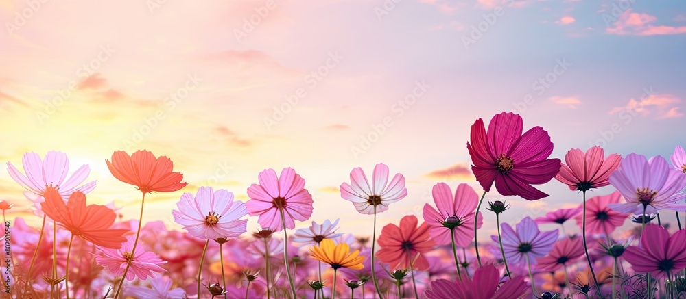 A colorful cosmos flower field stands out against a pink and purple sky background leaving a copy space image A colorful cosmos flower field stands out against a pink and purple sky background leaving a copy space image
