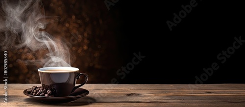 A copy space image showcasing a steaming cup of black coffee on a rustic wooden background with a white cup and saucer photo
