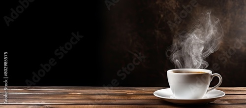 A copy space image showcasing a steaming cup of black coffee on a rustic wooden background with a white cup and saucer