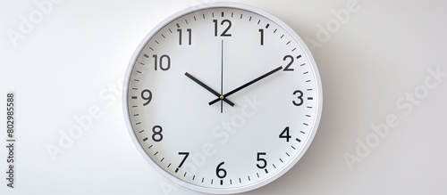 A clock showing the time between 5am and 5pm against a white wall providing a clear space for images or text. with copy space image. Place for adding text or design photo