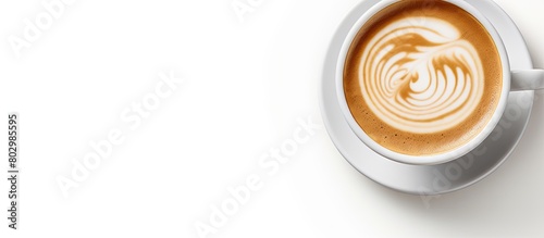 A coffee cup displays latte art against a white background offering ample space for text or other elements with a top down perspective