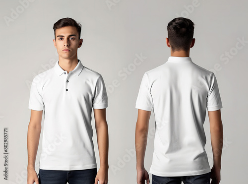 Front and back views of a man wearing a white polo shirt mockup template