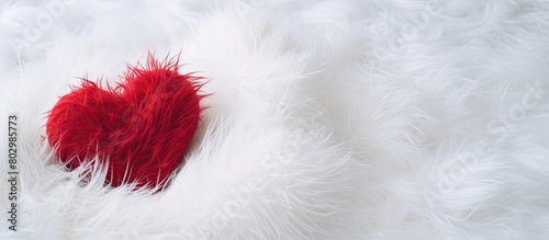 A Christmas heart decoration is placed on a white fur surface providing ample space for a copy space image