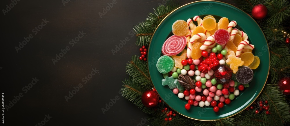 A festive Christmas arrangement featuring a plate shaped like a tree adorned with an assortment of vibrant candies and spruce branches Placed on a green backdrop viewed from above with space for addi