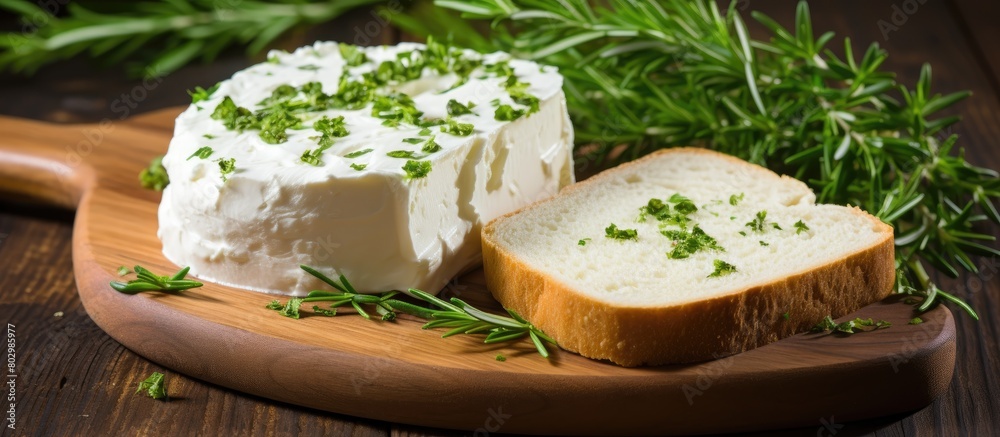 A copy space image of curd cheese is presented on a rustic wooden cutting board along with rye bread and a garnish of fresh herbs A copy space image of curd cheese is presented on a rustic wooden cutting board along with rye bread and a garnish of fresh herbs