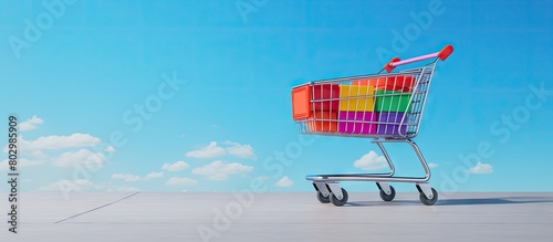 A colored background showcases an empty shopping cart offering ample copy space for supermarket grocery items photo