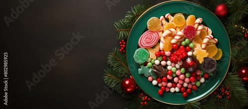 A festive Christmas arrangement featuring a plate shaped like a tree adorned with an assortment of vibrant candies and spruce branches Placed on a green backdrop viewed from above with space for addi