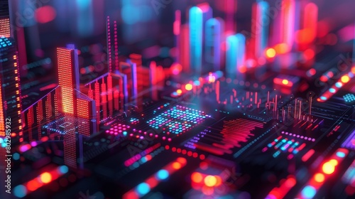A cityscape with buildings and lights in neon colors. The image is a representation of a futuristic city with a lot of technology and energy. The colors and shapes of the buildings