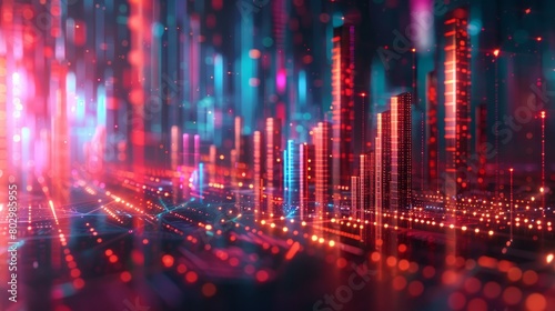 A cityscape with buildings lit up in red and blue. The city appears to be futuristic and vibrant