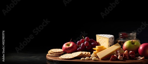 A copy space image of cheese and crackers accompanied by apple and pickled onions set against a dark backdrop