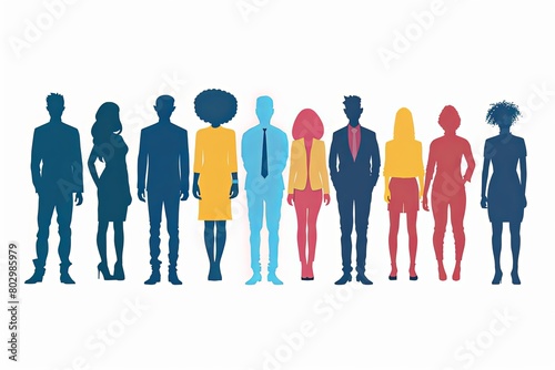 Silhouettes of a diverse group of business people  including men and women  standing next to each other. Generative AI