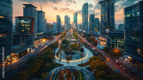 A cityscape with a large park in the middle. The park is surrounded by tall buildings and has a circular design. The sky is orange and the sun is setting, creating a warm and inviting atmosphere