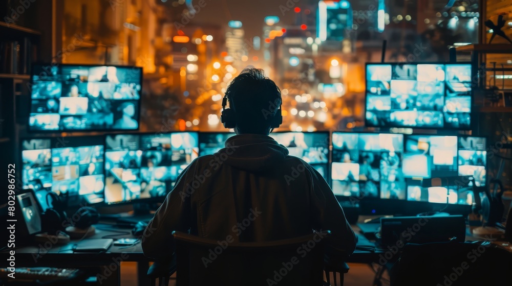 A man is sitting in front of a computer monitor with a lot of screens. He is wearing headphones and he is focused on the screens. Concept of concentration and productivity A man is sitting in front of a computer monitor with a lot of screens. He is wearing headphones and he is focused on the screens. Concept of concentration and productivity