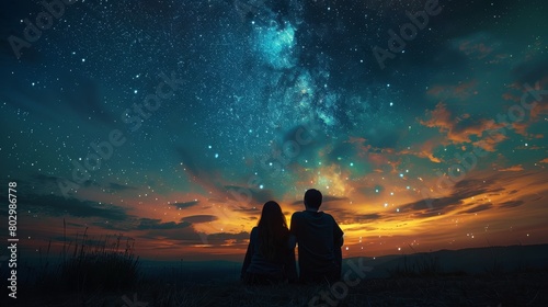 A couple is sitting on a hillside and looking up at the stars. The sky is filled with stars and the couple is enjoying the peaceful moment together photo