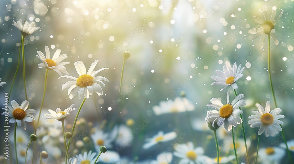 Daisies in a clearing on a light background