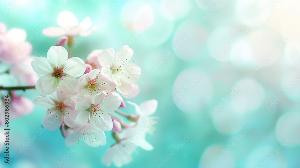 Close-up of cherry blossoms on pale green background with copy space Close-up of cherry blossoms on pale green background with copy space
