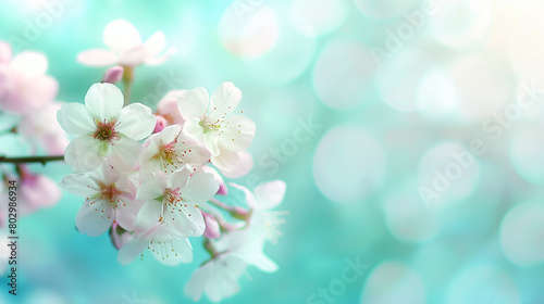 Close-up of cherry blossoms on pale green background with copy space