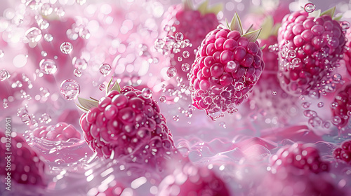 closeup of raspberry in water splash, 300 DPI, aesthetic, berry