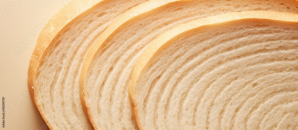 Fototapeta premium A close up top view of a beautiful big sliced bread on a cream color background perfect for design with copy space image