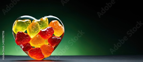 A colorful marmalade with a heart shaped form in shades of red yellow and green is displayed in the copy space image photo