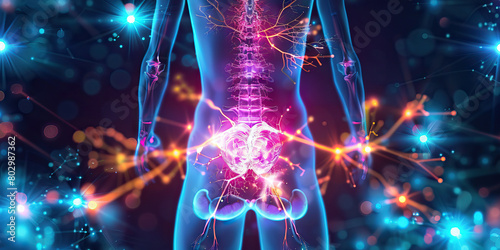 Neurogenic Bladder: The Urinary Incontinence and Bladder Dysfunction - Visualize a person with a highlighted spinal cord affecting bladder control, experiencing urinary incontinence and bladder dysfun photo